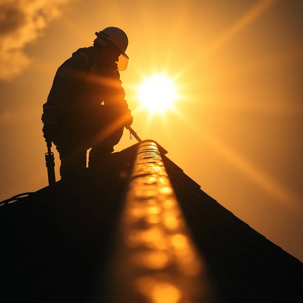 Close up cinematic and realistic shot of a worker installing black insulation on a tower roof silhouetted against a warm golden glow radiant and luxurious light source from behind 1
