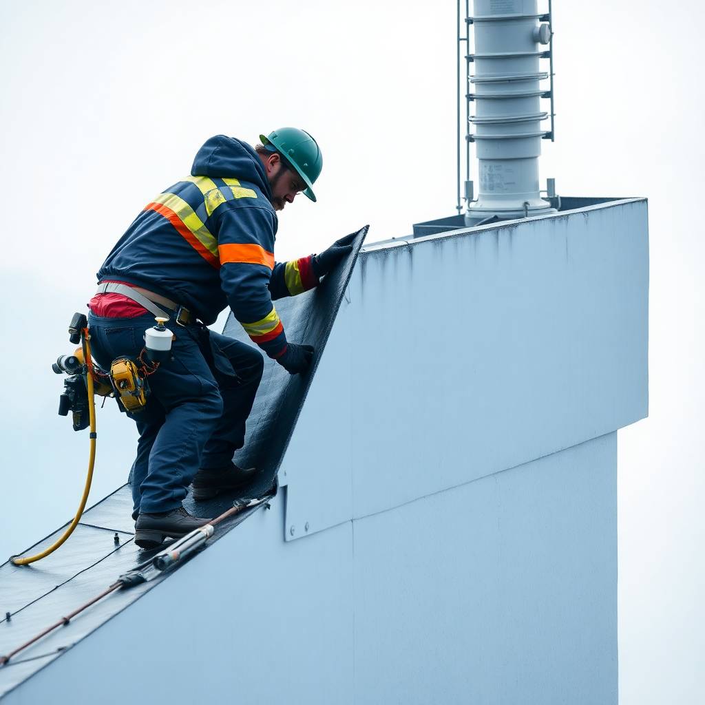 Close up split screen cinematic image of a worker installing black insulation on a tower roof. Distinctly divided sections bold contrasting areas 1